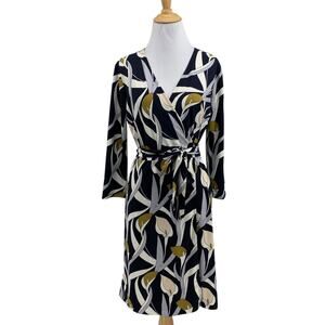 Ann Taylor Dress Womens 4 Multi Floral Print 3/4 Sleeve Wrap Tie Waist Jersey